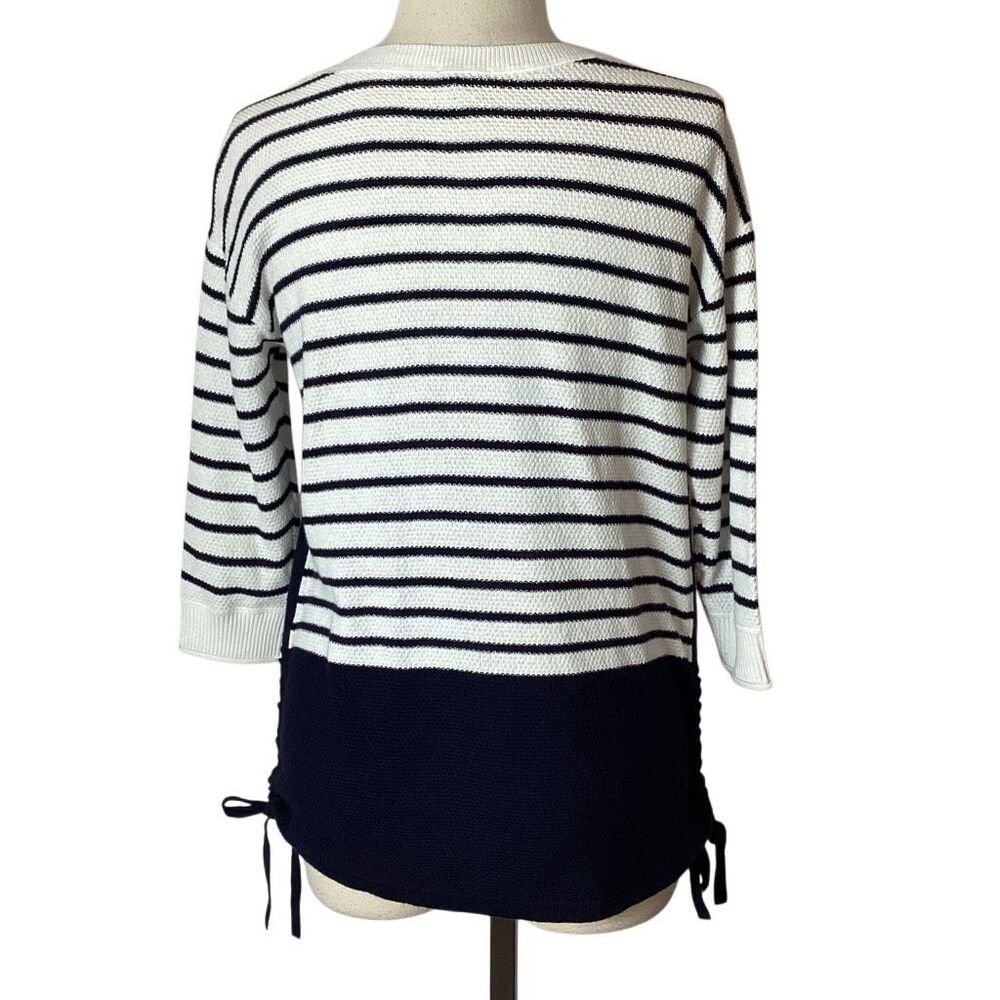 T By Talbots Navy White Striped Pique Ruched Crewneck Sweater Small Nautical Coa - Picture 3 of 10